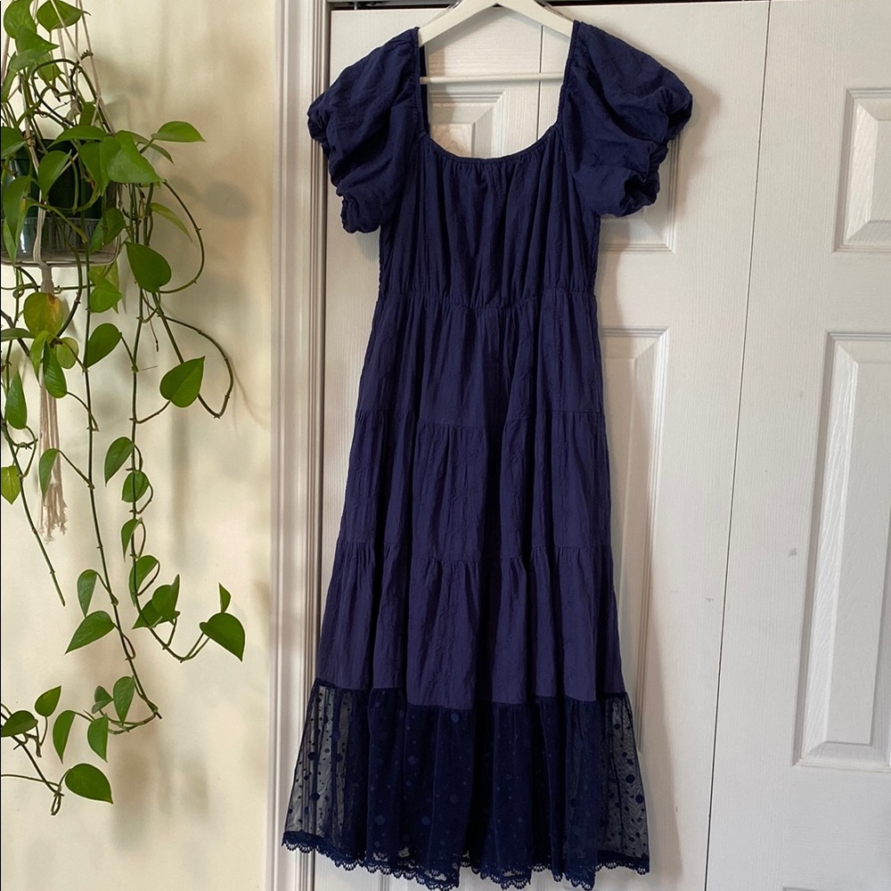 Listicle Indigo embroidered Puff Sleeve Tiered Maxi Dress Lace tier smocked back